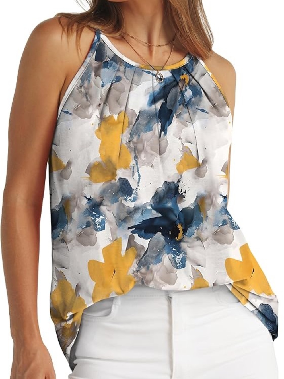 NWT Wiholl floral halter tank top Sz S spaghetti straps loose fit pleated